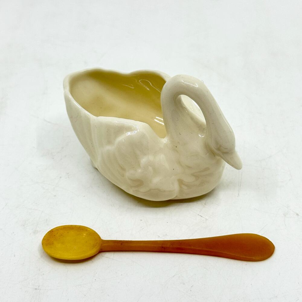 Vintage 1980's LENOX Porcelain Swan Open Salt Cellar w/ Horn Spoon